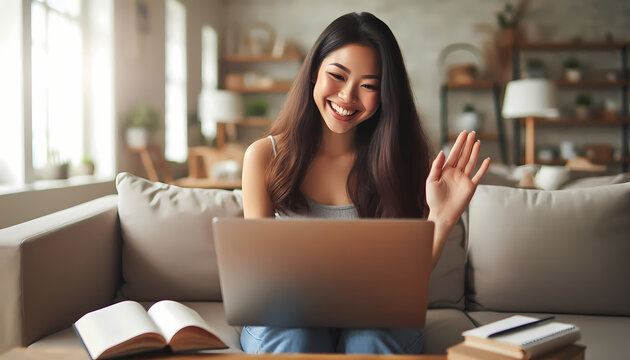 Young Asian woman waving during web based meeting at home. Digital nomad and remote work in modern business. Happy lady smiling on video conference call. Distance learning.