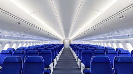 Fototapeta premium Inside a modern airplane, bright lights illuminate rows of blue seating, creating an inviting atmosphere for passengers as they prepare for takeoff
