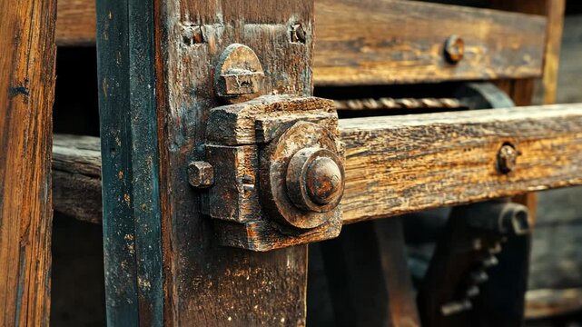 A close-up of a rusty metal hinge connecting two weathered wooden beams