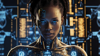 Black female cyborg with sleek mechanical parts, glowing eyes, and fantasy-inspired design, showcasing futuristic technology and magical fusion