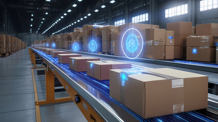 Online order fulfillment. Future of logistics, warehouse and distribution. Packages on conveyor with blue holographic labels and laser scanning for process improvement and speed of delivery.