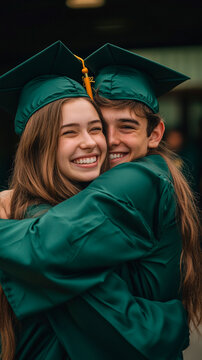 Fotograf&iacute;a de una joven feliz con toga y birrete de graduaci&oacute;n verde abrazando a su novio en el instituto, captada con una c&aacute;mara sin espejo Canon EOS R6 Mark II.
