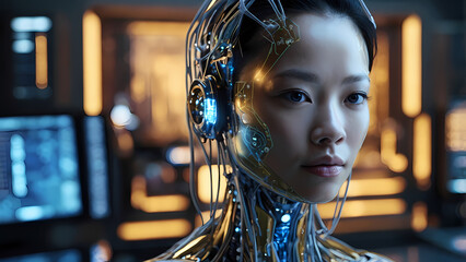 Asian female cyborg with futuristic design, glowing circuits, and robotic enhancements, blending technology and humanity in a high-tech world.