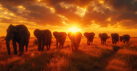 Fototapeta premium A herd of elephants walking in a straight line across the African plains at sunset.