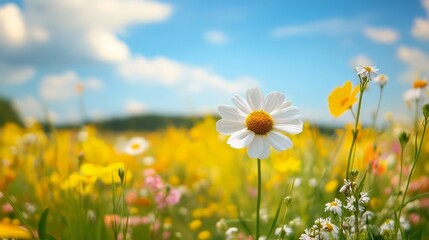 Vibrant Field of Blooming Daisies under Bright Blue Sky on Sunny Day