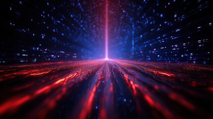 Obraz premium Abstract futuristic landscape with red and blue glowing lights and glowing particles