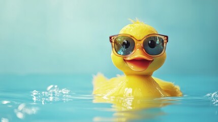 Playful Yellow Rubber Duck Swimming With Sunglasses in Tropical Pool