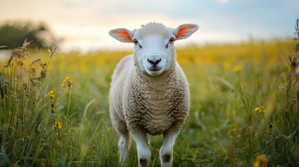 Fototapeta premium Adorable fluffy sheep lamb standing in a lush green meadow field