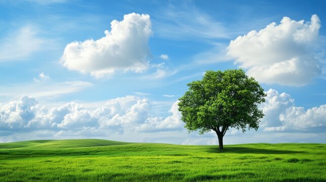 Lone Tree in a Lush Green Meadow Under a Bright Summer Sky with Fluffy Clouds