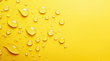 Aesthetic water drops on yellow background, copy space in the center. Presentation template. Generative AI