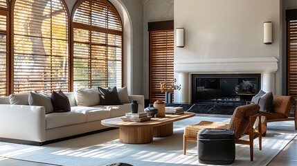 A modern living room with a curved ceiling, a large white and black built-in fireplace in the background, wooden blinds on the windows, a coffee table with books and vases, wall sconces over the sofa.