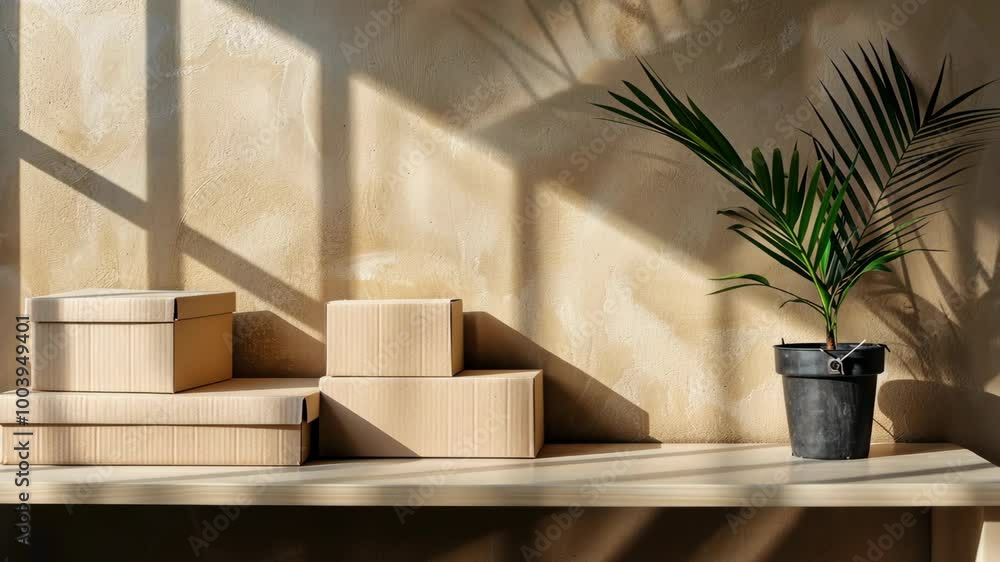 Poster a light brown shelf with three stacked cardboard boxes, two of them lying flat and one standing vert