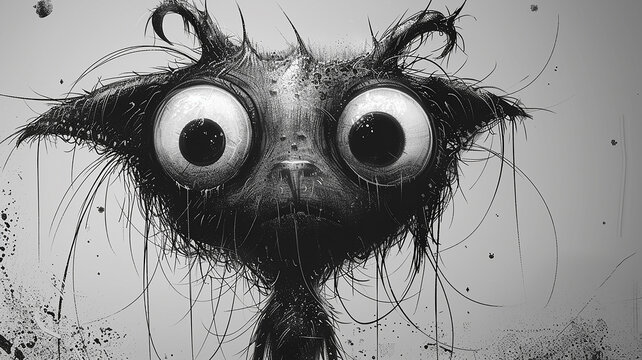 black and white drawing of a monster with a large eye isolated on a white background