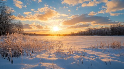 Fototapeta premium Winter Sunrise Over a Pristine Snowy Field
