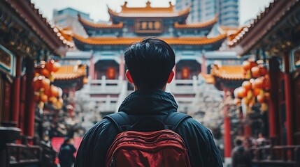 Naklejka premium Back View of a Man in Front of a Chinese Temple