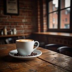 Fototapeta premium Giant Coffee Cup in Vintage Cafe Setting, a massive one-gallon coffee cup sits prominently on a wooden table
