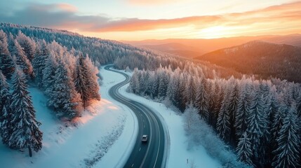 Winding Road Through Snowy Mountains at Sunset