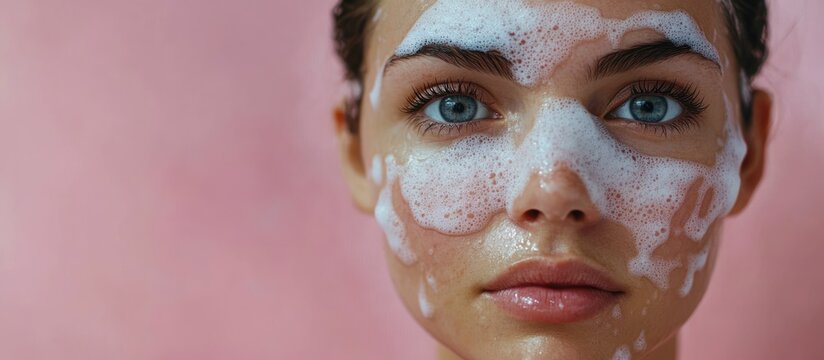 Woman with white foam face mask on pink background.