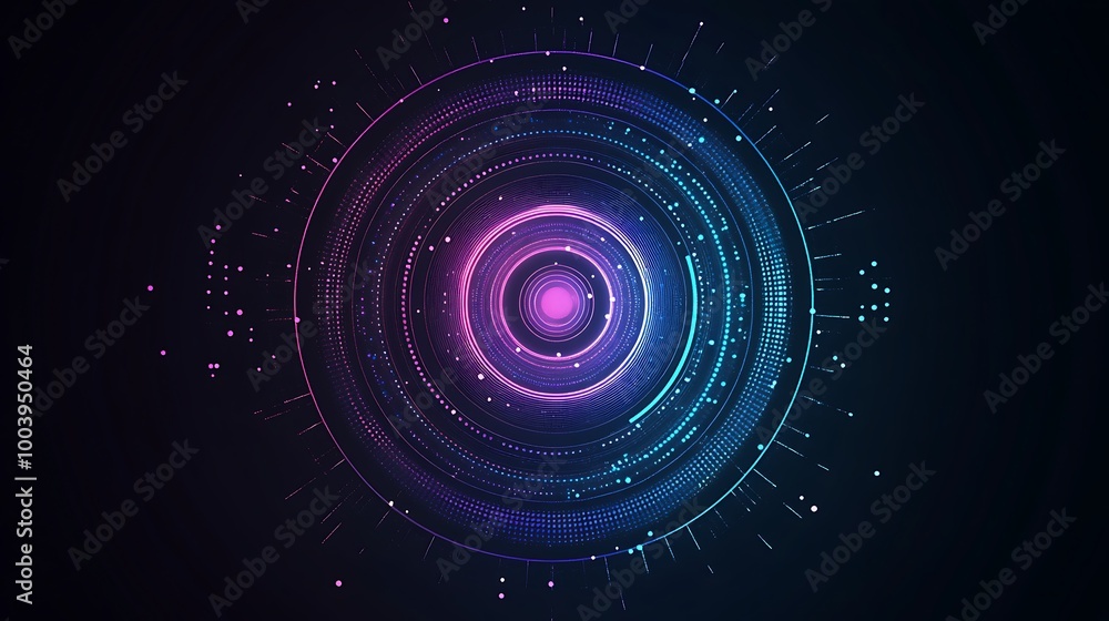 Poster abstract futuristic digital interface with glowing neon circular elements.