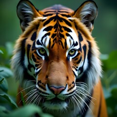 Fototapeta premium Majestic tiger with intense gaze, its stripes clearly visible against a lush green background.