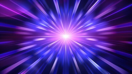 Abstract background of glowing blue and purple light rays converging on a white light in the center
