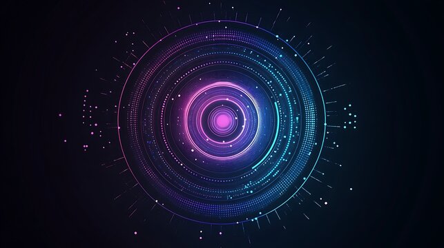 Abstract futuristic digital interface with glowing neon circular elements.