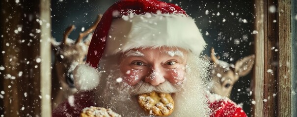 Jolly Santa enjoys cookies during a snowy Christmas night, spreading festive cheer and warmth with a joyful smile.