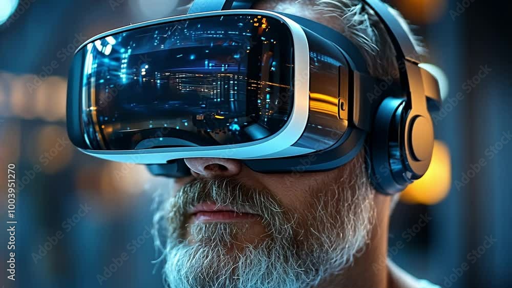Poster man experiences virtual reality with advanced headset in a modern technology setting at night