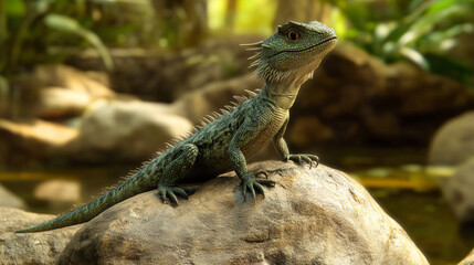 An elegant water dragon perched on a rock