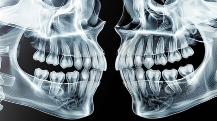 A dental X-ray showing the positioning of wisdom teeth in the jaw, highlighting potential impaction and alignment issues for dental evaluation.