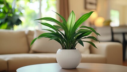 A green houseplant in a white pot sits on a wooden table in a living room.