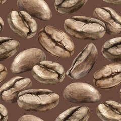 Roasted aromatic brown coffee beans. Watercolor seamless pattern on a brown background with a coffee theme. For the design of a store and cafe, packaging of coffee products, banner and postcards.