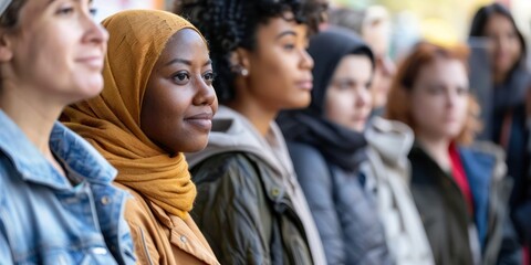 A diverse group of people standing in line at a polling station, ready to vote