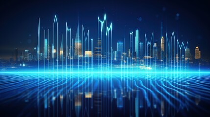 Futuristic Cityscape with Neon Lights and Digital Waves