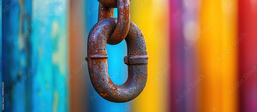 Poster a close-up of a rusty chain link against a blurred colorful background.