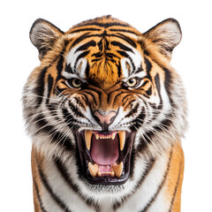 Naklejka premium Tiger roaring fiercely, showcasing powerful features and vibrant fur. transparent background