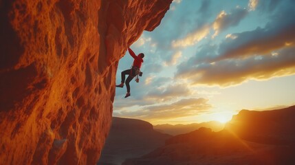 Rock Climber Scaling Cliff Face at Sunset in Desert Landscape