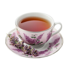 Fototapeta premium Traditional tea cup with lavender flowers on saucer, white isolated background. transparent background