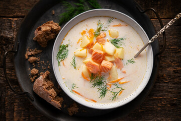 Traditional Finnish soup of fish soup with salmon