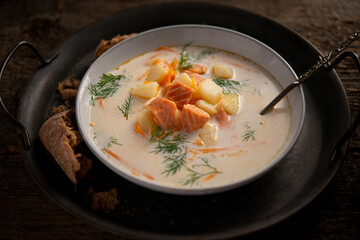 Traditional Finnish soup of fish soup with salmon
