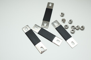 Bus bar for Lithium LiFepo4 rechargeable battery cell module ready to connect. Electrical bus on...