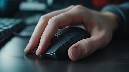 Close-up of a hand using a black ergonomic computer mouse on a modern desk, highlighting precision and control in a tech-savvy workspace environment