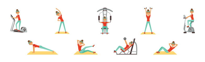 Woman Character at Sport Gym Training and Workout Vector Set