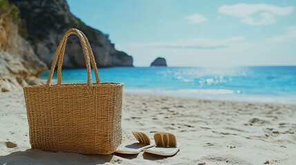 Woven straw tote bag and flip-flops on sandy beach with azure sea and distant cliffs in soft focus Copy Space 