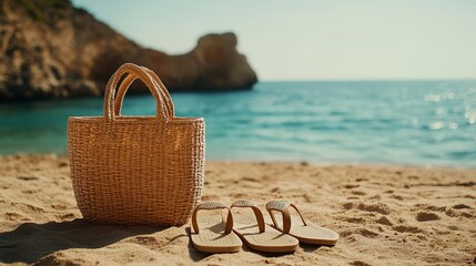 Woven straw tote bag and flip-flops on sandy beach with azure sea and distant cliffs in soft focus Copy Space  