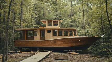 Fototapeta premium wooden cabin cruiser under construction, house design architecture in the woods 