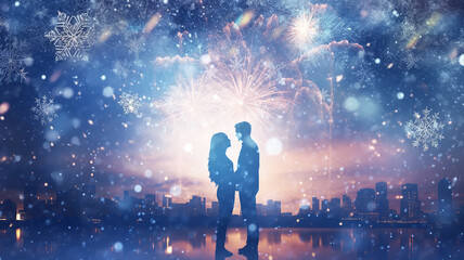 Fototapeta premium silhouette of a couple in love on the background of Christmas fireworks, abstract blurred background snowflakes winter holiday, newlyweds copy space blank