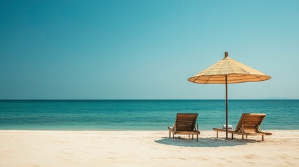 White sandy beach with two wooden lounge chairs under a large umbrella, clear blue sky and calm turquoise sea creating a serene vacation atmosphere. 