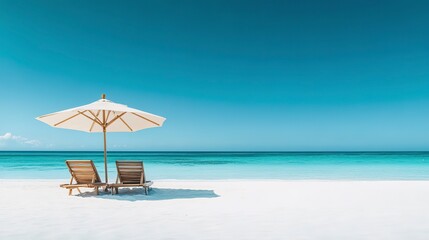 Fototapeta premium White sandy beach with two wooden lounge chairs under a large umbrella, clear blue sky and calm turquoise sea creating a serene vacation atmosphere. 