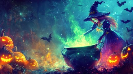 Fototapeta premium Enchanting Anime Witch Stirring Magical Cauldron Surrounded by Pumpkins and Bats